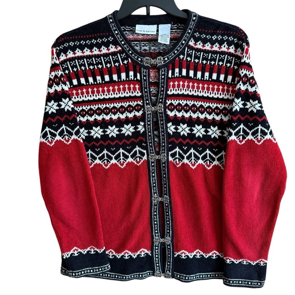Croft & Barrow Red Nordic Fair Isle Snowflake Cardigan Metal Clasp Sweater- M